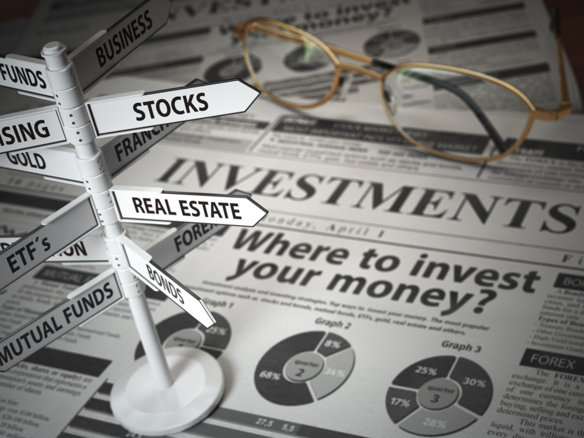 Investmments and asset allocation concept. Where to Invest? Newspaper and direction sign with investment options. Investmments and asset allocation concept. Where to Invest? Newspaper and direction sign with investment options.